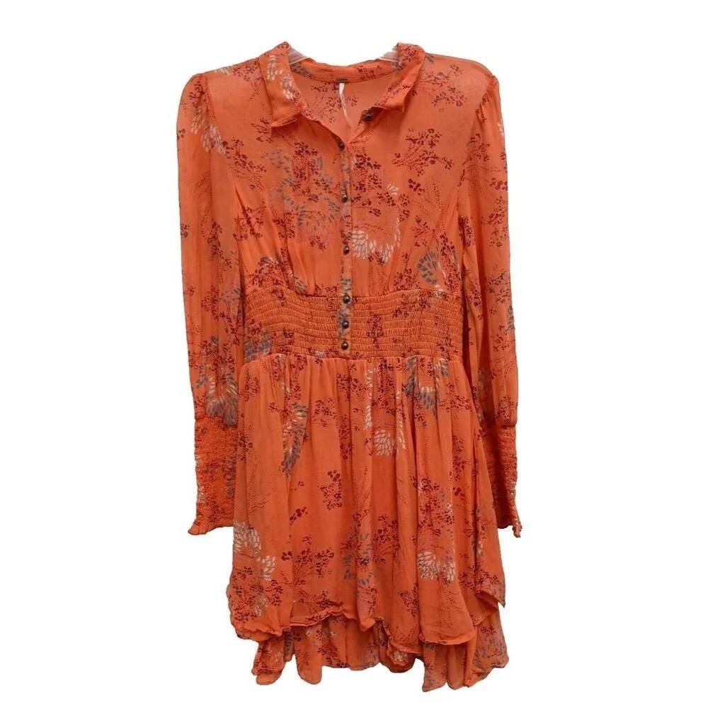 Free People Mini Dress Womens Small Orange Floral Boho Smocked Waist Long Sleeve - Picture 2 of 10